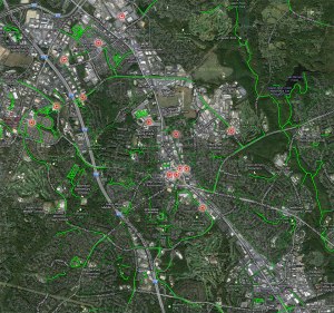 Proposed stations for Capital Bikeshare on a Google Map with bike routes.