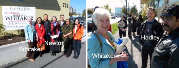 Claire Whitaker, Bridget Newton, and Don Hadley campaigning together in October 2013.